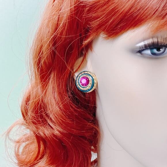 VTG Signed Swarovski Crystal Dome Stud Earrings 80s 90s Teal Enamel Fuchsia - Picture 12 of 14
